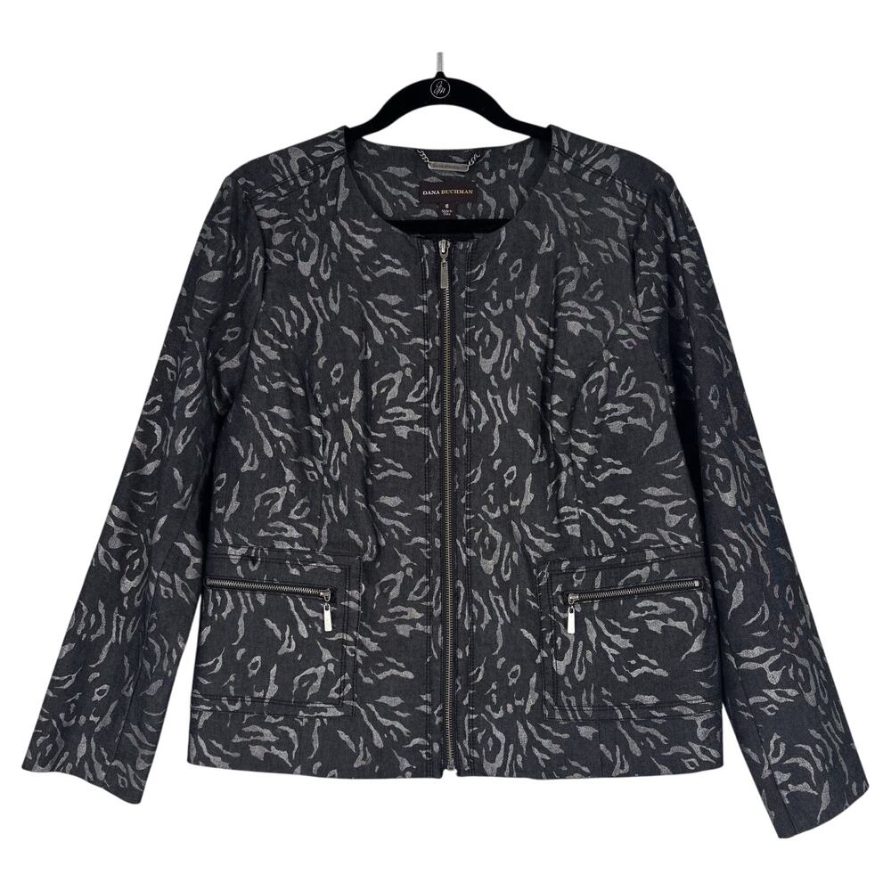 Dana Buchman Womens Blazer Size 16 Black W/ Silver Animal Print Full Zip Pockets